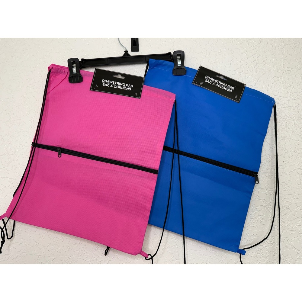 Lot of 2 Drawstring Cinch Backpacks Pink and Blue‎ Front Zipper Pocket NWT